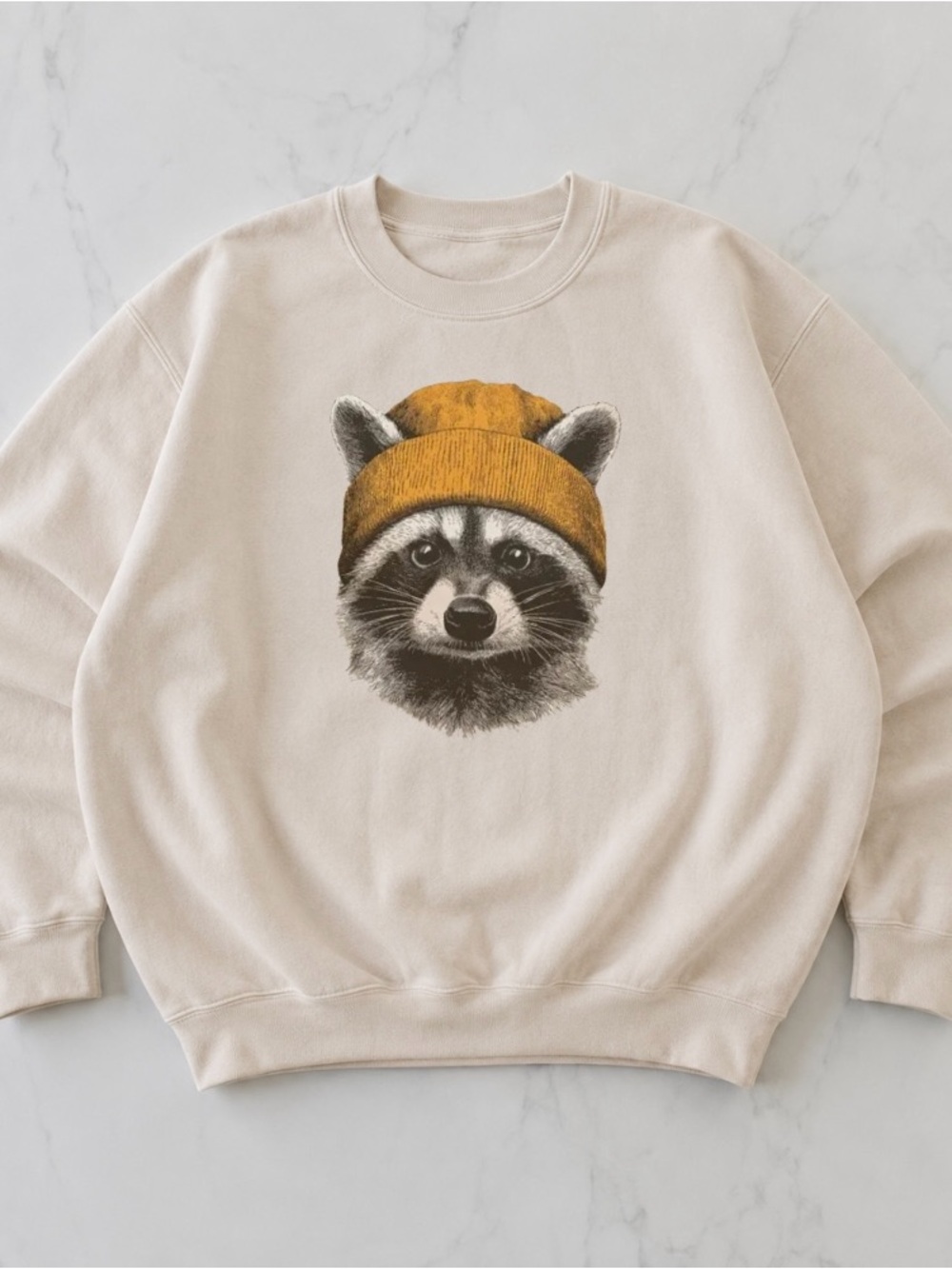 Retro Raccoon Wearing Mustard Beanie 90s Swearshirt Vintage Camping Wildlife